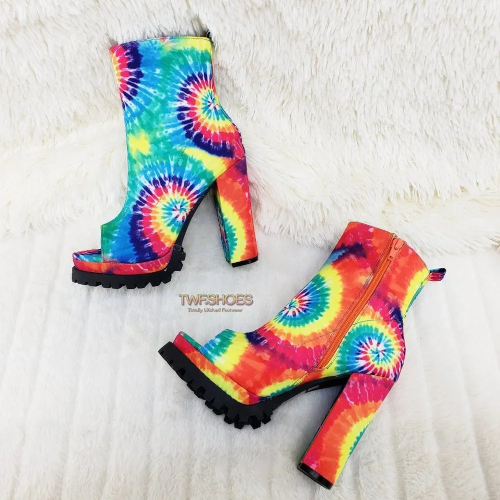 Trippin Colorful Tie Dye Open Toe Chunky Platform Heel Ankle Boots - Picture 8 of 11